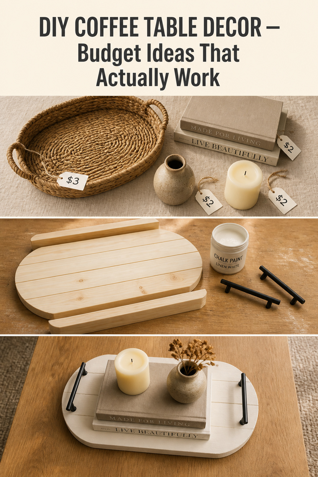 Pinterest collage showing a thrift store haul for coffee table decor, a DIY pine tray in progress, and the finished styled coffee table with headline 'DIY Coffee Table Decor — Budget Ideas That Actually Work'