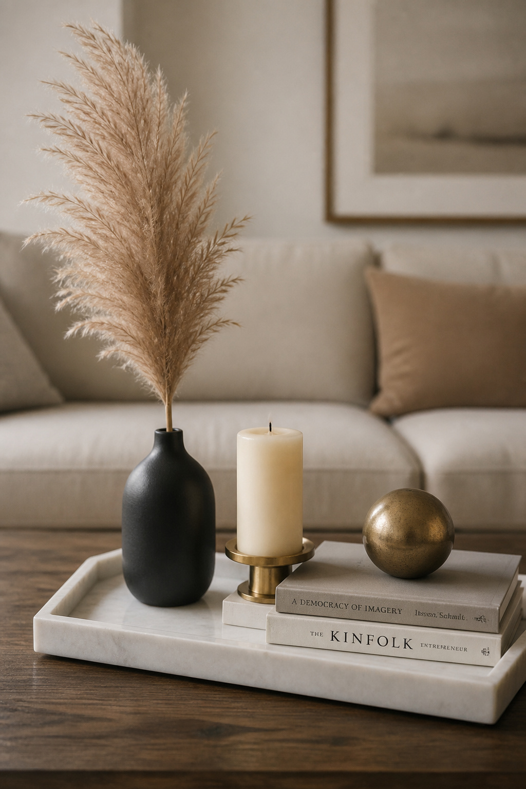 Budget coffee table vignette in a white marble tray with a faux pampas stem in a ceramic vase, cream pillar candle in brass holder, gold decorative sphere, and neutral book stack