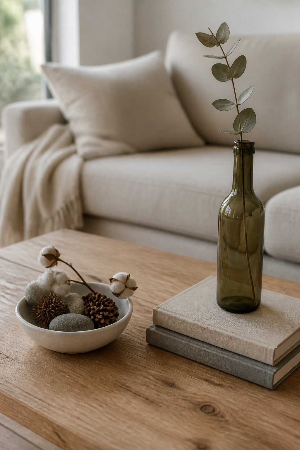 Free foraged coffee table styling using river stones, dried seed heads, repurposed book stack, and a wine bottle bud vase with dried eucalyptus