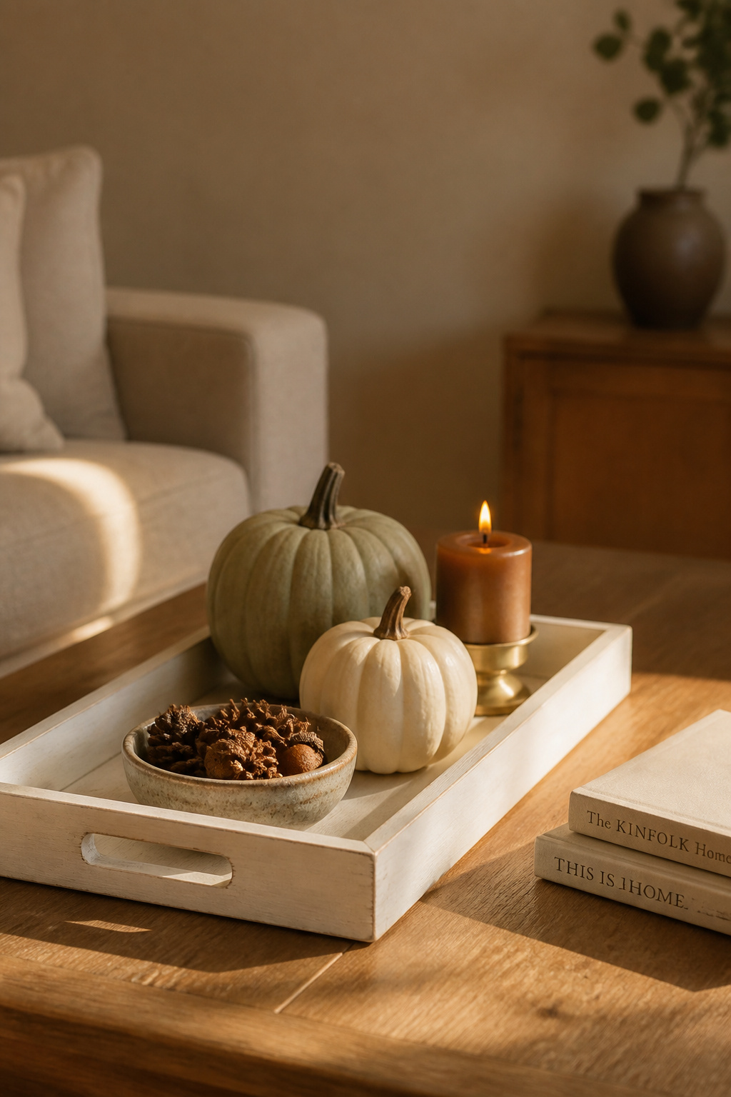 DIY autumn coffee table refresh with chalk-painted white pine tray, two matte painted craft pumpkins in sage and cream, amber pillar candle, and foraged pinecones