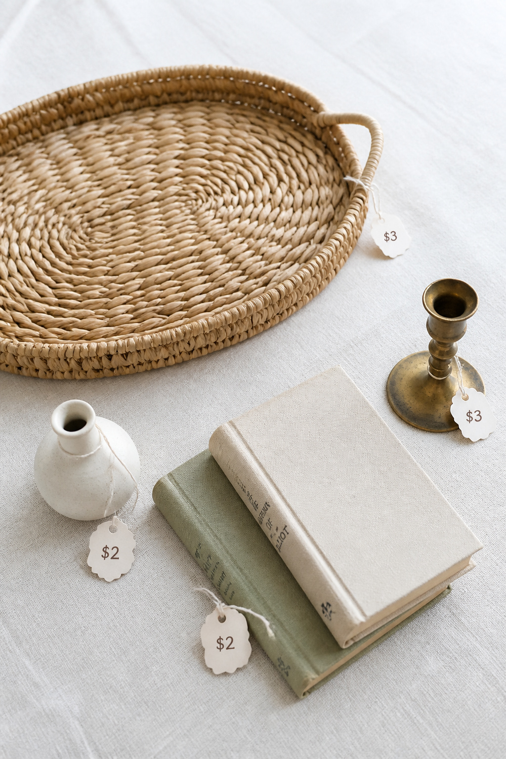 Flat-lay of thrift store coffee table decor finds including a seagrass tray, ceramic bud vase, two neutral-spine books, and brass candlestick with price tags showing $2 and $3