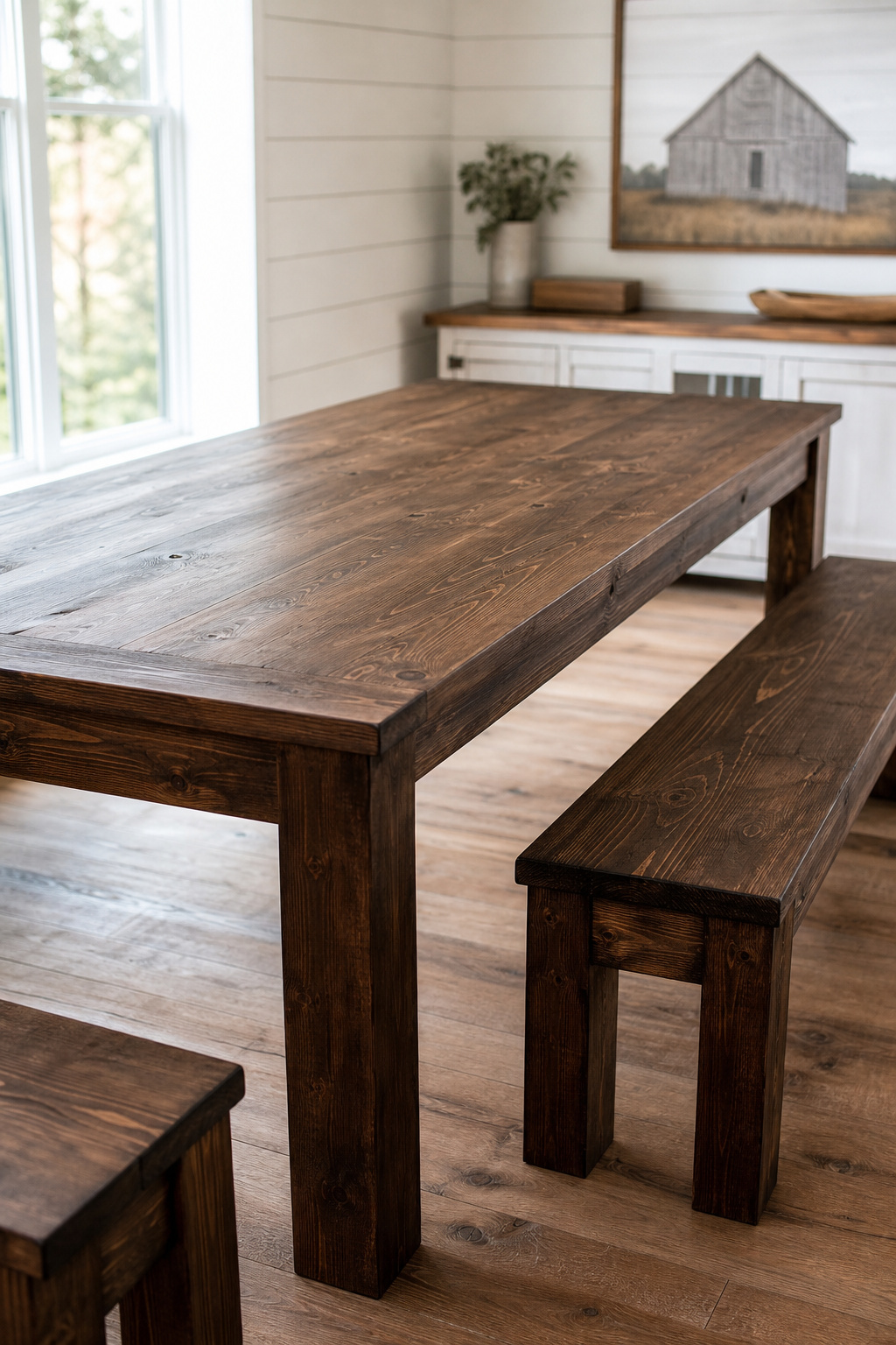 A completed pine farmhouse dining table with dark walnut stain and a matching bench, photographed in a bright farmhouse dining room with shiplap wall