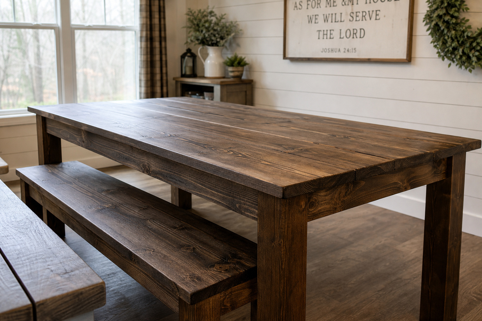 A completed pine farmhouse dining table with dark walnut stain and a matching bench, photographed in a bright farmhouse dining room with shiplap wall