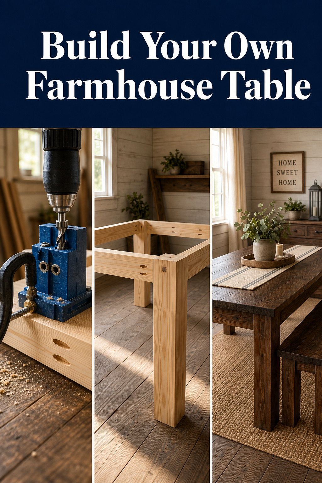 Three-panel Pinterest image showing pocket-hole drilling, assembled table base, and finished stained farmhouse dining table and bench