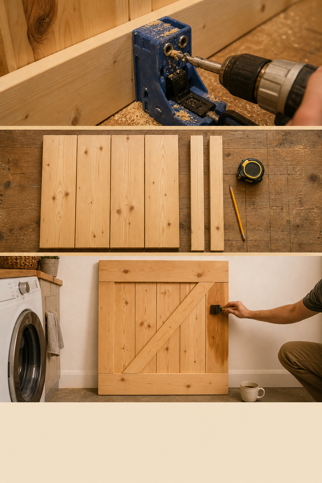 Pinterest collage showing three stages of DIY barn door building: pocket-hole drilling, lumber cut list layout, and staining the finished slab