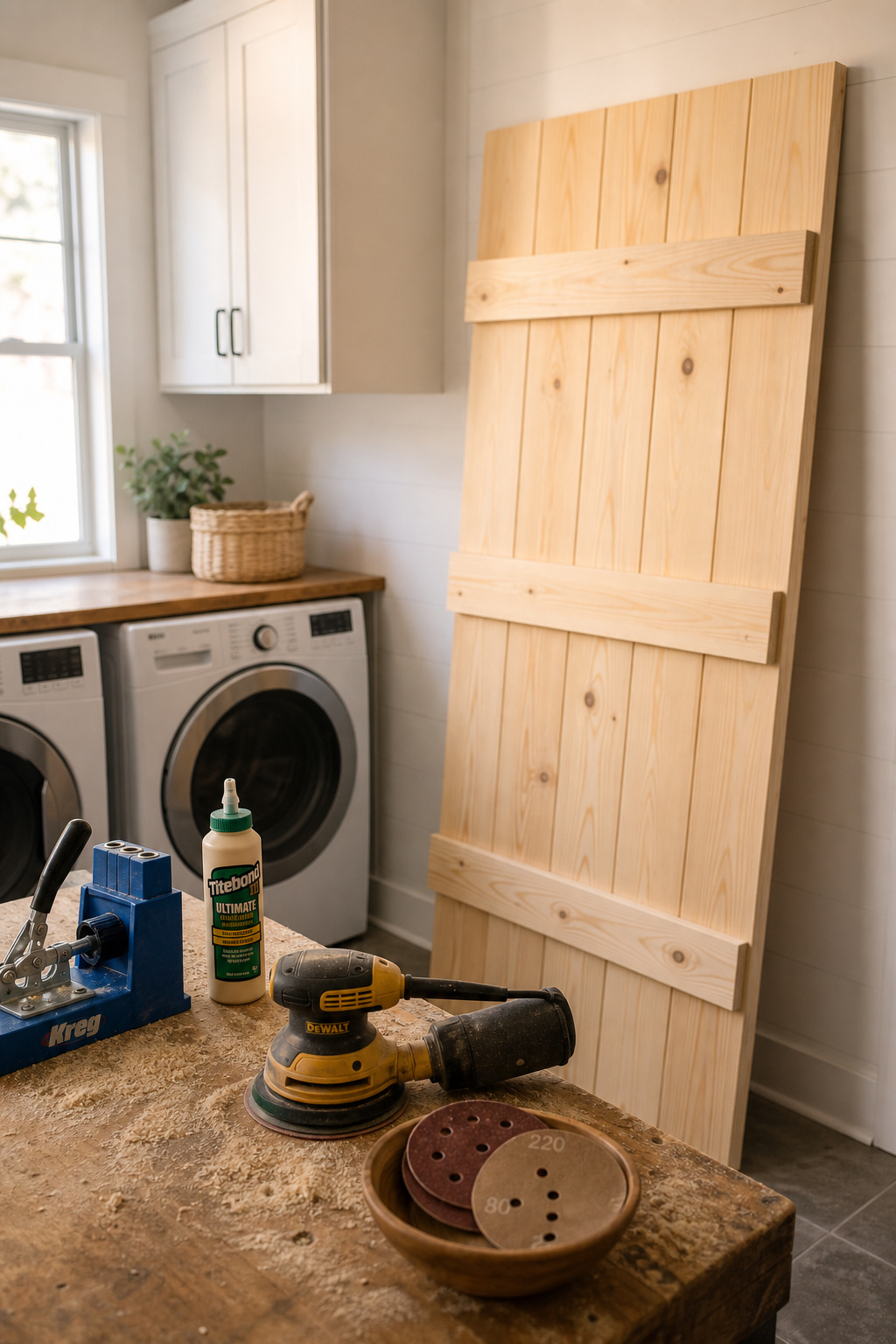 Freshly built DIY plank-and-batten barn door slab leaning against a laundry room wall with pocket-hole jig and sander on the workbench in the foreground