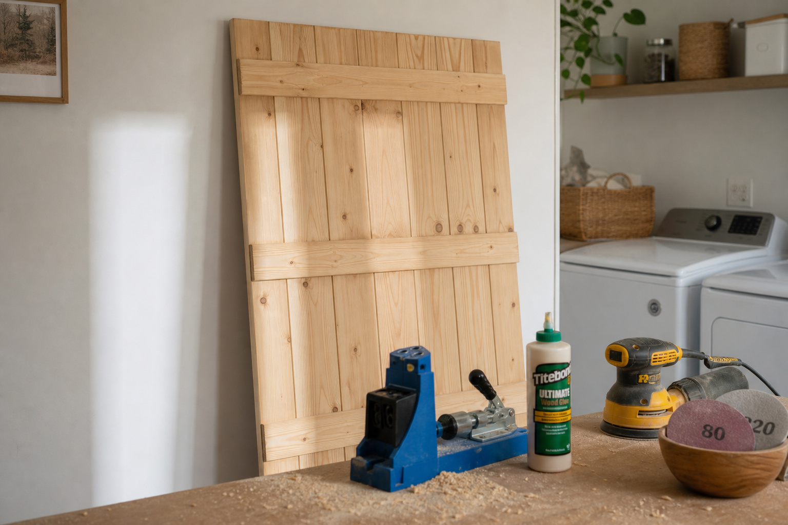 Freshly built DIY plank-and-batten barn door slab leaning against a laundry room wall with pocket-hole jig and sander on the workbench in the foreground