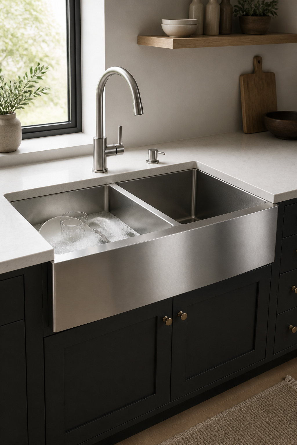 Double bowl farmhouse sink with soapy water soaking on one side and a clean empty bowl on the other side
