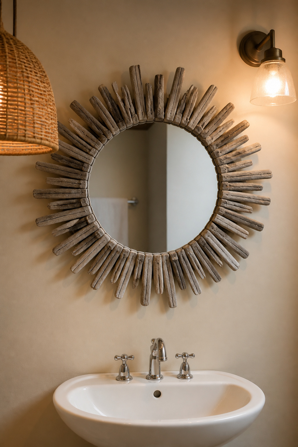 Handmade driftwood sunburst mirror frame hung above a white ceramic bathroom sink on a cream wall