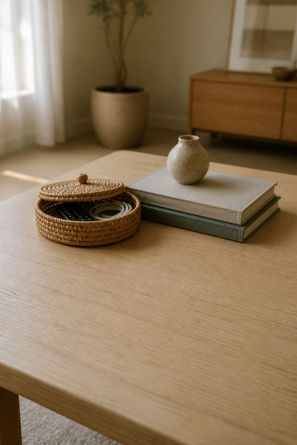 Close-up of a small woven lidded tray with remote inside and a two-book stack supporting a stoneware bud vase — dual-purpose small coffee table objects that decorate and store