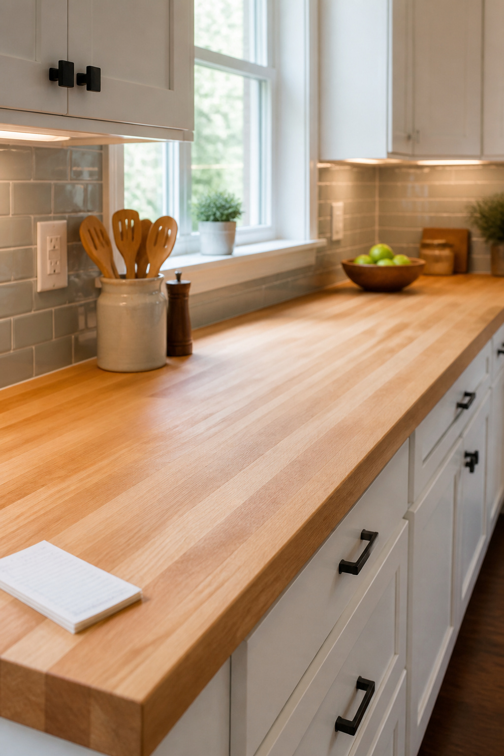 Edge grain maple butcher block countertop in a white shaker kitchen showing the most affordable and widely available grain construction for homeowners