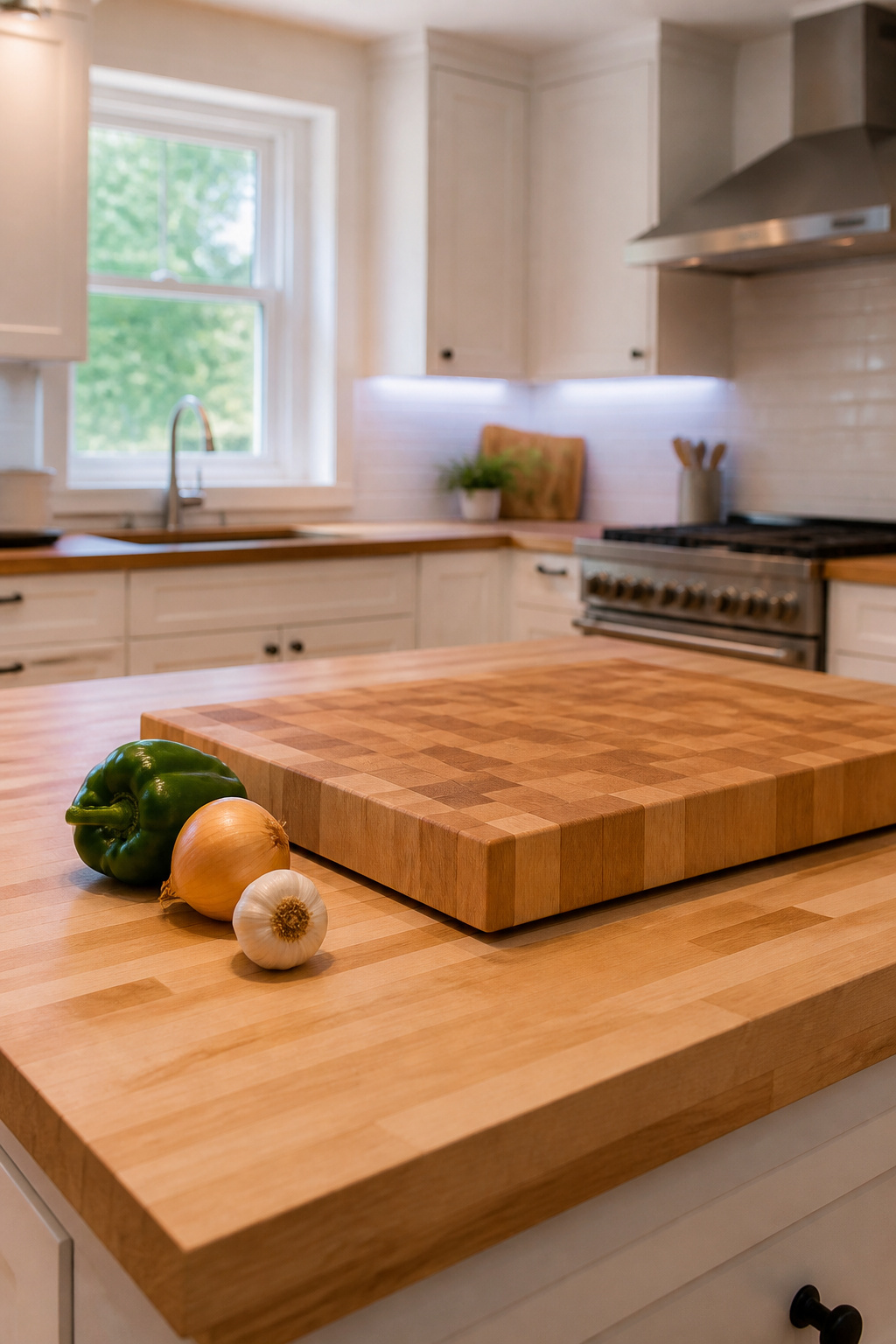 Edge grain maple butcher block kitchen countertop with an end grain maple cutting board on its surface, showing the most common combination approach