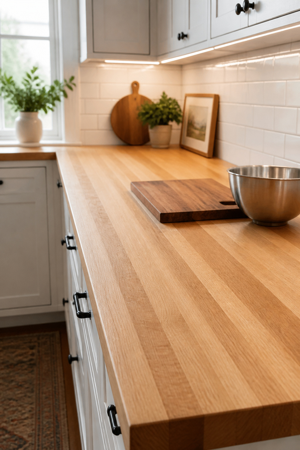 Maple edge grain butcher block countertop showing clean parallel linear grain pattern along a white shaker kitchen