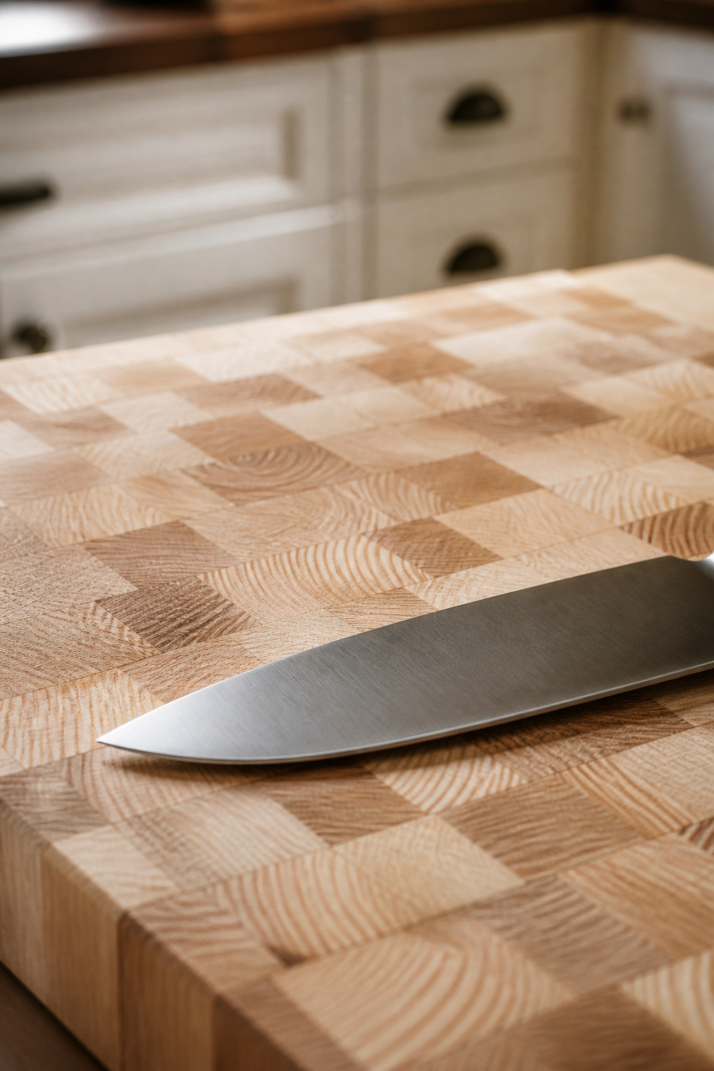 Close-up of an end grain maple butcher block countertop showing the distinctive checkerboard pattern of wood block ends with visible growth rings