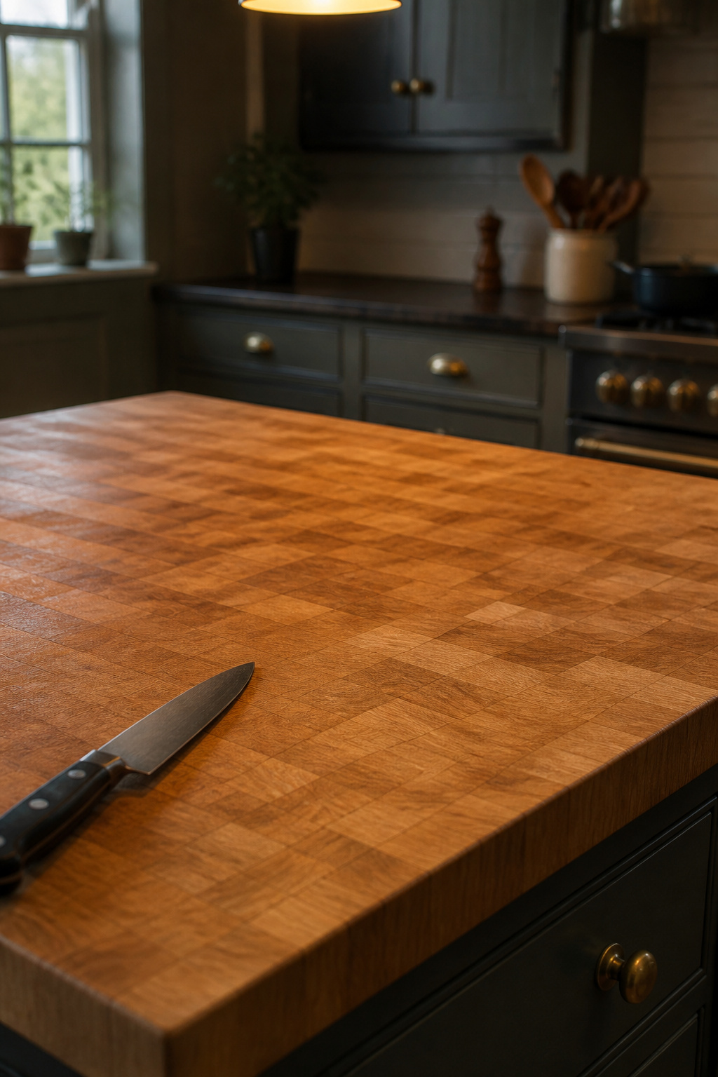 End grain maple butcher block kitchen island top showing the characteristic checkerboard pattern with natural oil patina after regular use