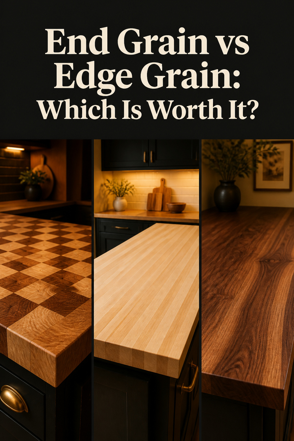 Three-panel Pinterest pin comparing end grain, edge grain, and face grain butcher block countertop types with a charcoal headline band at the top