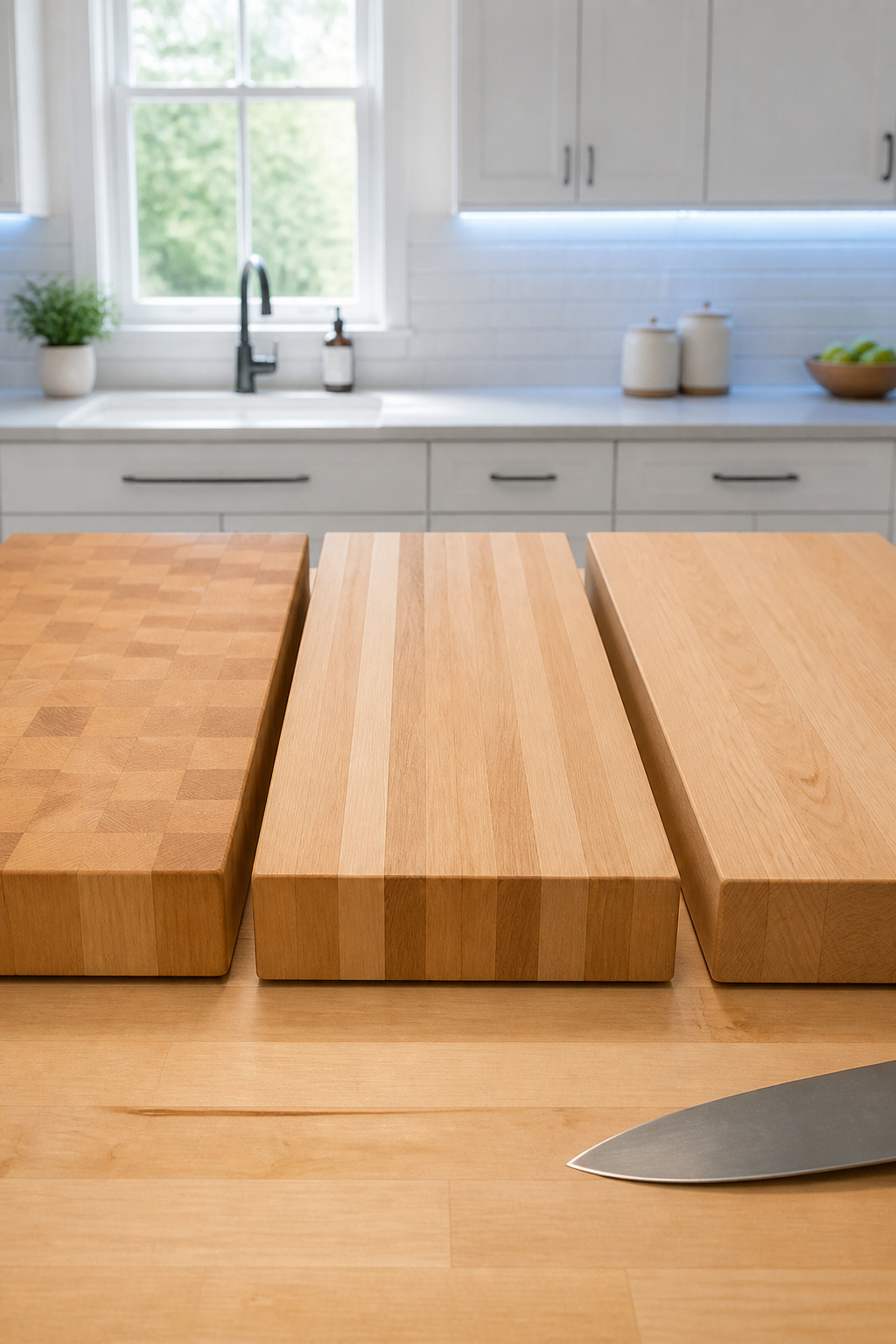 Three butcher block grain types shown side by side — end grain checkerboard, edge grain linear strips, and face grain wide planks — on a kitchen countertop
