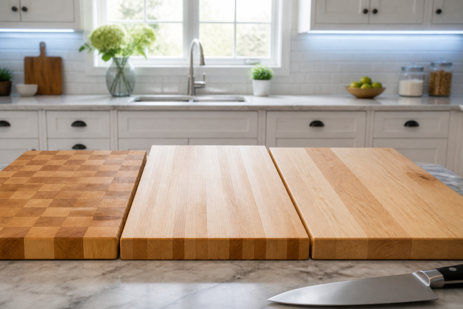 Three butcher block grain types shown side by side — end grain checkerboard, edge grain linear strips, and face grain wide planks — on a kitchen countertop