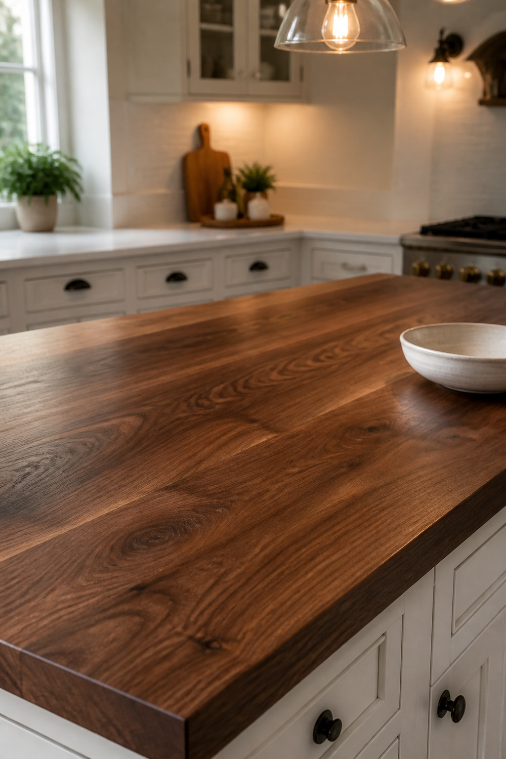 Face grain American walnut butcher block countertop on a kitchen island showing dramatic swirling grain figure in rich chocolate-brown tones