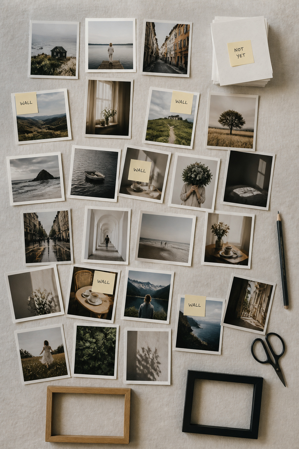 Flat-lay of family photo prints being edited and sorted on a linen surface, with empty frames waiting — the curation process before hanging