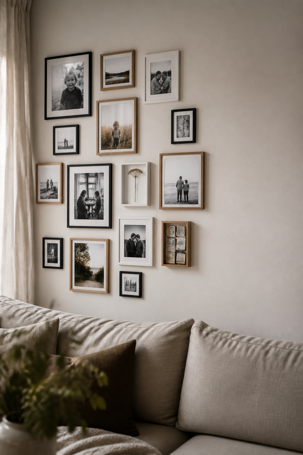 Curated family photo wall in a Scandinavian living room, mixing black and white prints with warm colour photos in oak and black frames, with small shadow box mementos