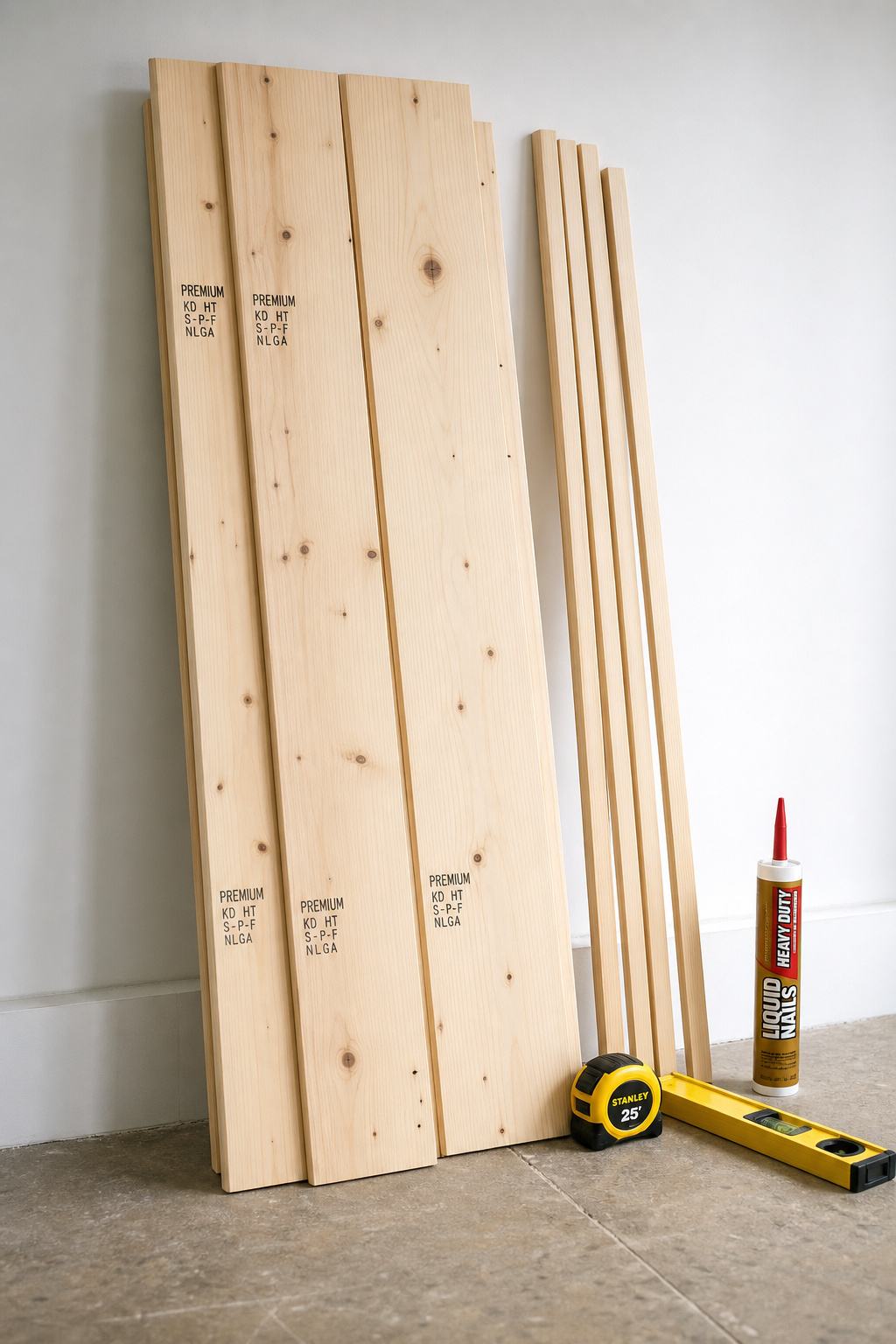 Raw pine shiplap boards and batten stock staged against a wall with a spirit level, tape measure, and construction adhesive beside them