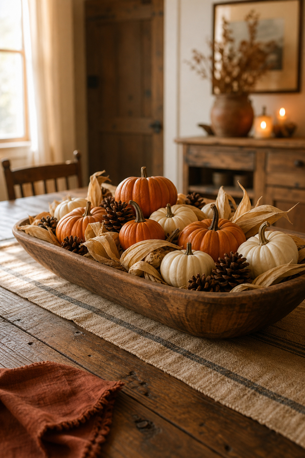 Wide wooden dough bowl holding mini pumpkins, dried corn husks and pine cones on a grain-sack runner for an autumn farmhouse table centerpiece