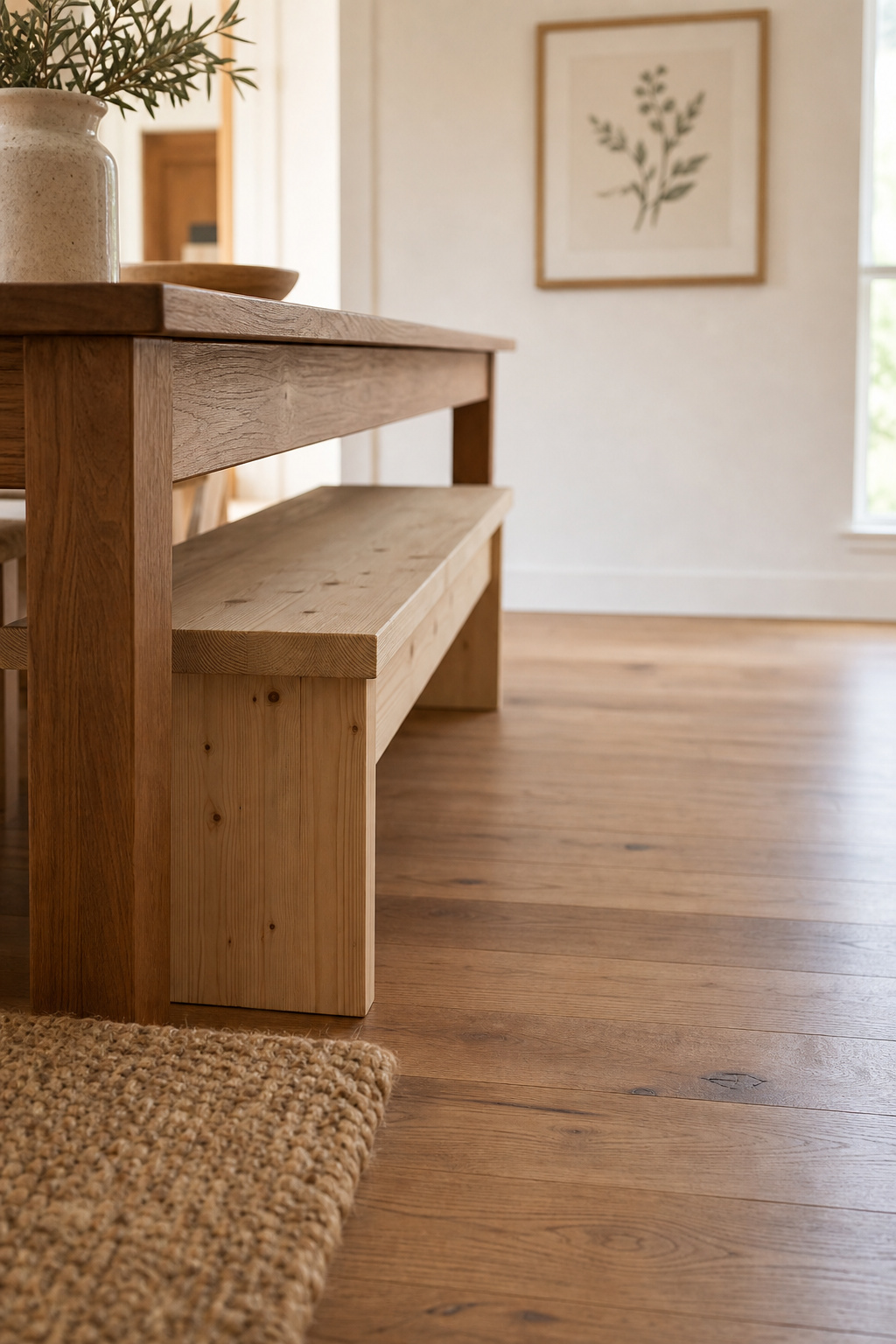 Natural pine backless farmhouse bench fully tucked under a solid oak dining table, leaving a clear walkway in a small dining room