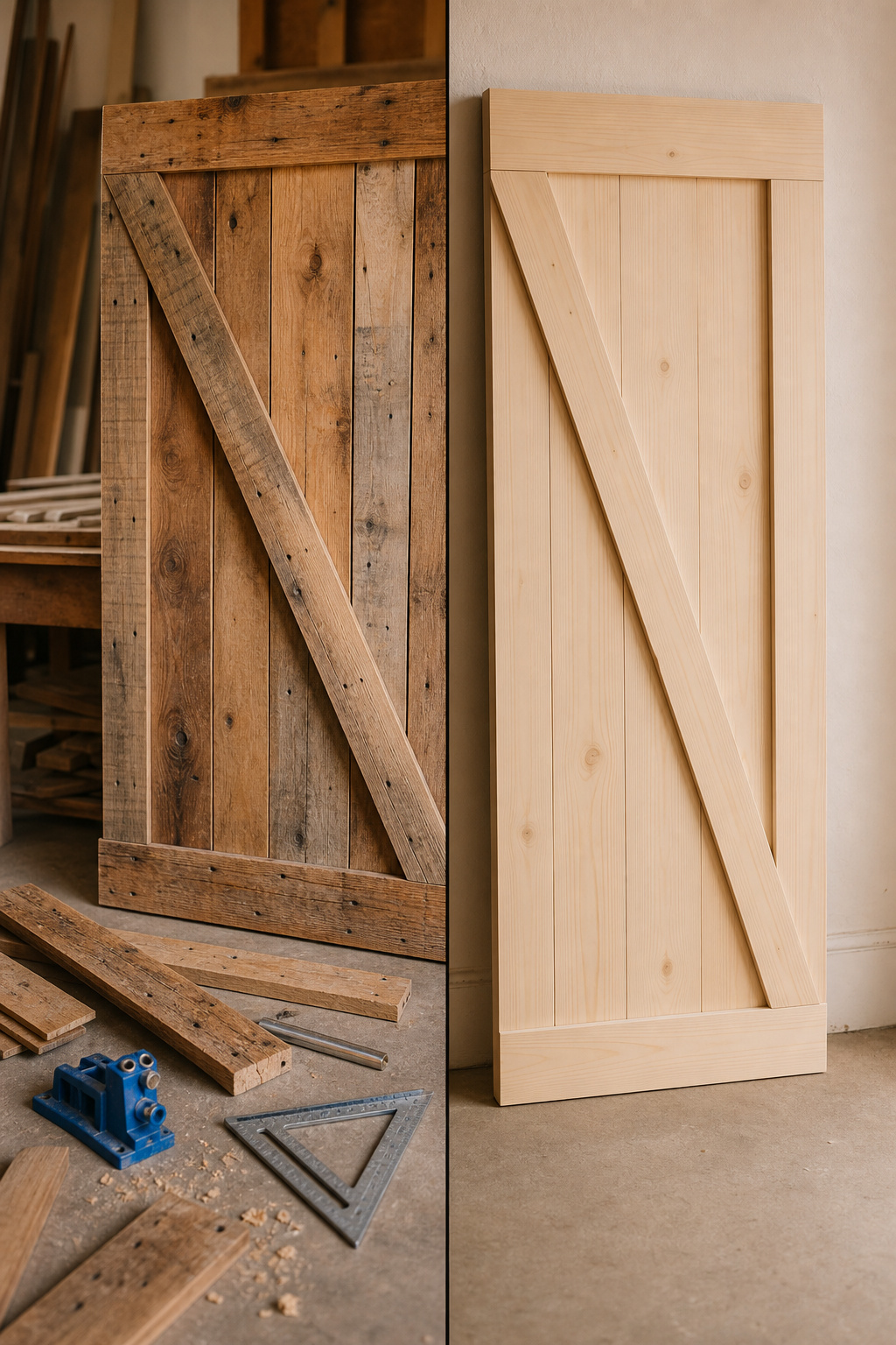 Split composition: reclaimed barn boards mid-build in a workshop on the left, and a finished pre-made pine barn door slab against a white wall on the right