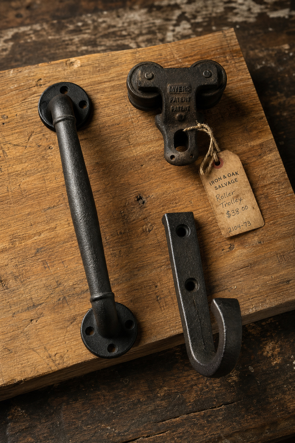 Flat-lay of three cast iron barn door hardware pieces: D-pull handle, antique roller trolley with wheels, and J-strap hanger, arranged on a reclaimed pine plank