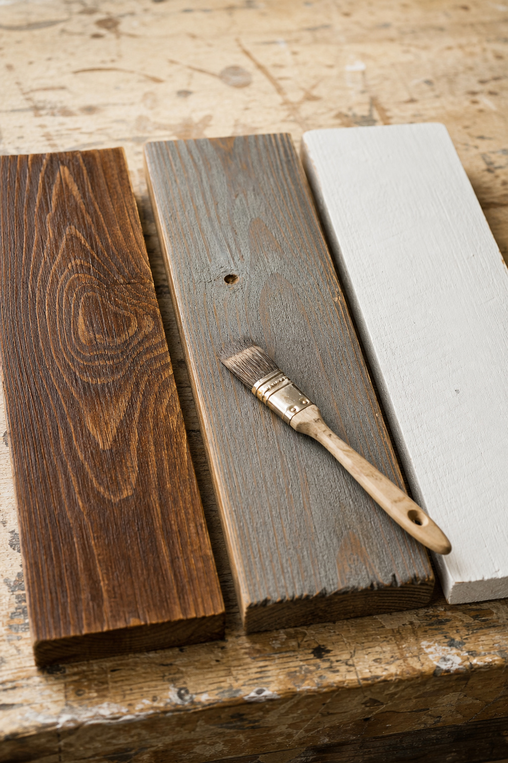 Three reclaimed heart pine boards with different finishes side by side: dark walnut stain showing grain, grey wash with grain visible, and flat white paint covering the surface