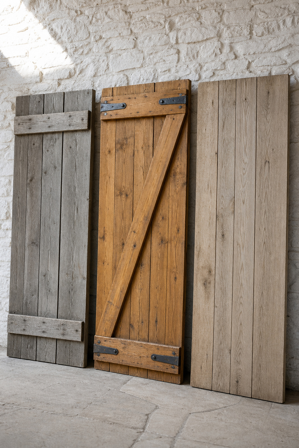 Three reclaimed-wood farmhouse barn door layouts side by side: plank-and-batten, Z-brace in heart pine, and board-and-groove in white oak