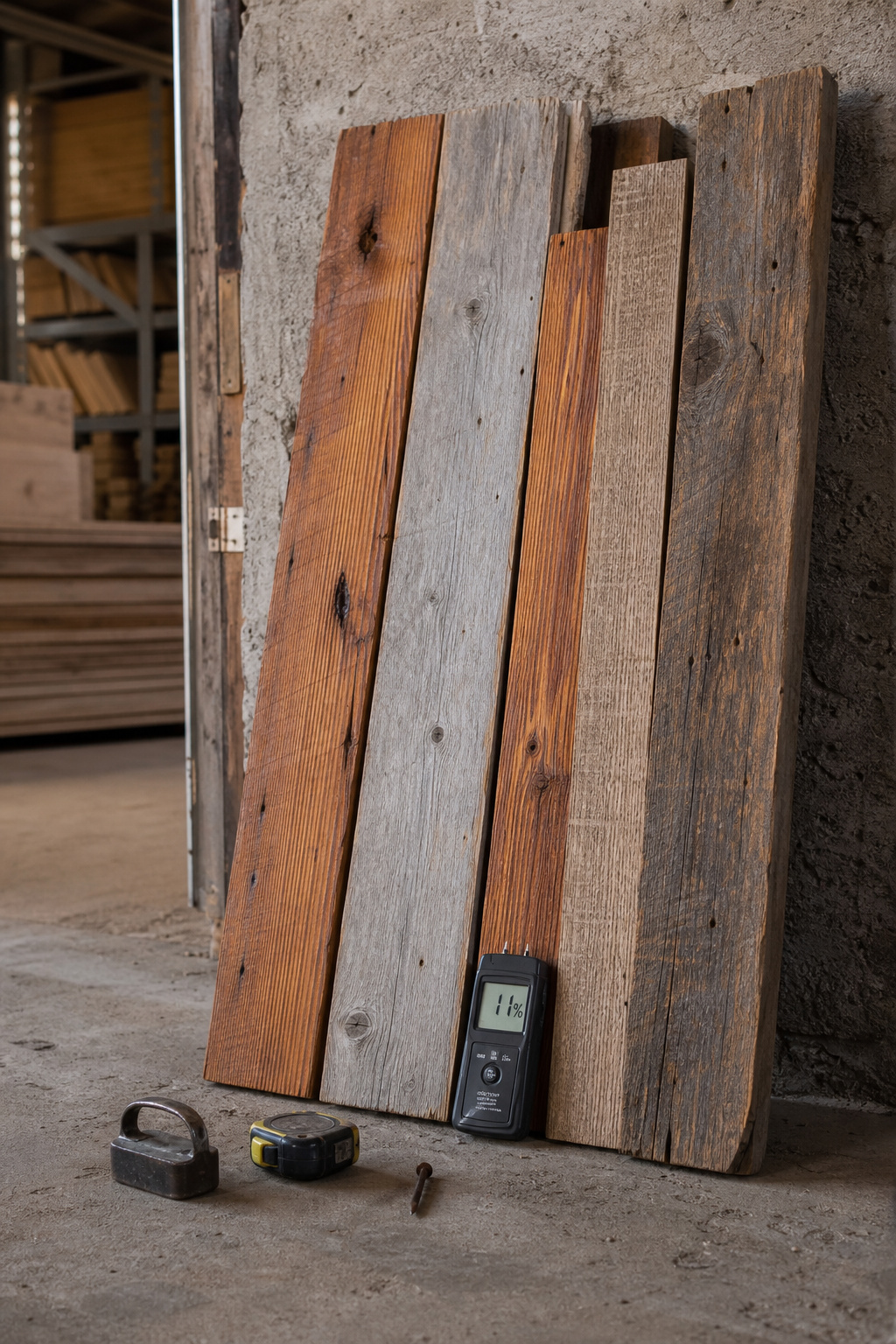 Stacked reclaimed barn boards in a salvage warehouse with a wood moisture meter showing 11%, a magnet and pulled hand-cut nail on the concrete floor