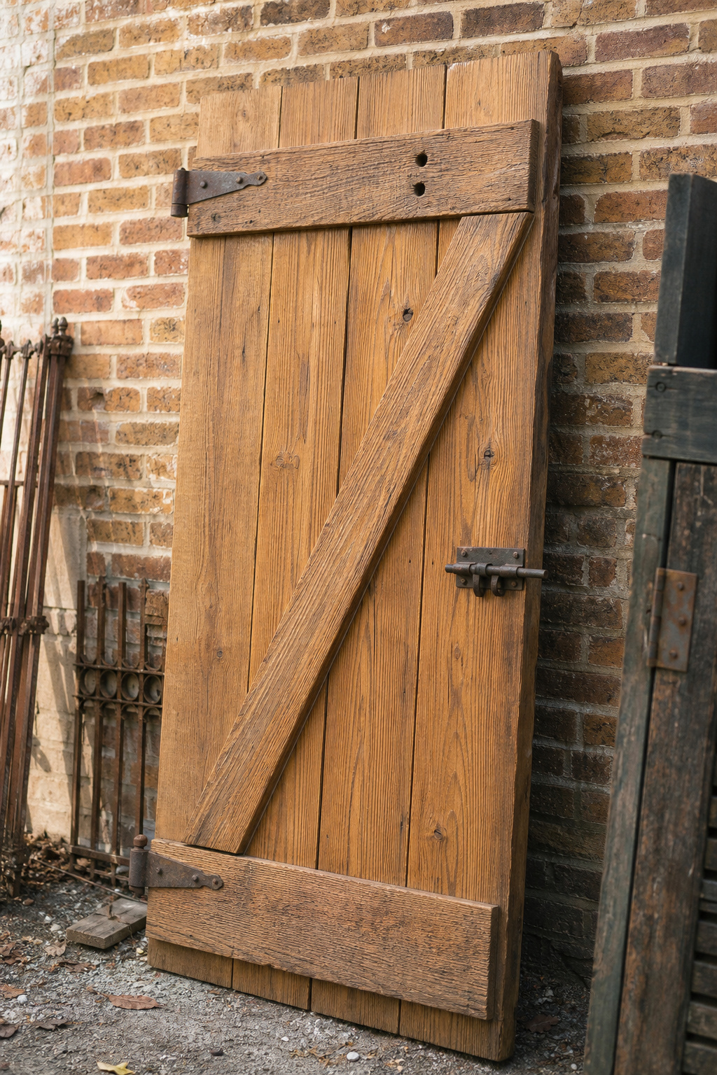Reclaimed heart pine Z-brace barn door leaning against a brick wall in a salvage setting, showing the diagonal brace running correctly from bottom hinge side to top latch side