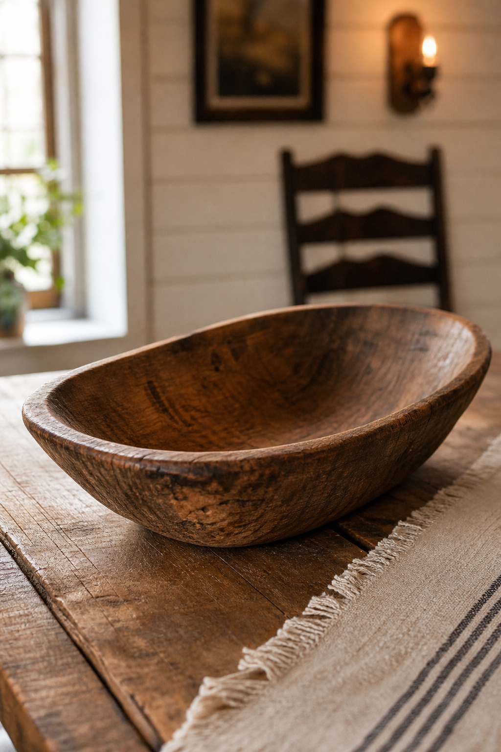 Wide wooden dough bowl serving as a farmhouse dining table centerpiece anchor on a linen runner, photographed on a reclaimed-wood table