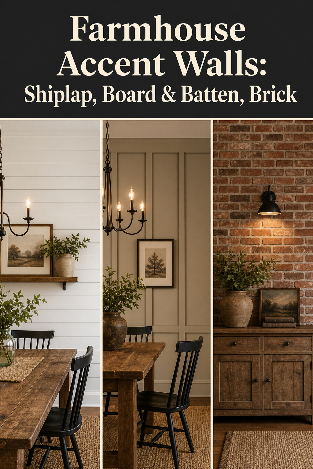 Three-panel collage showing white shiplap, greige board-and-batten, and terracotta brick-slip farmhouse dining room accent walls