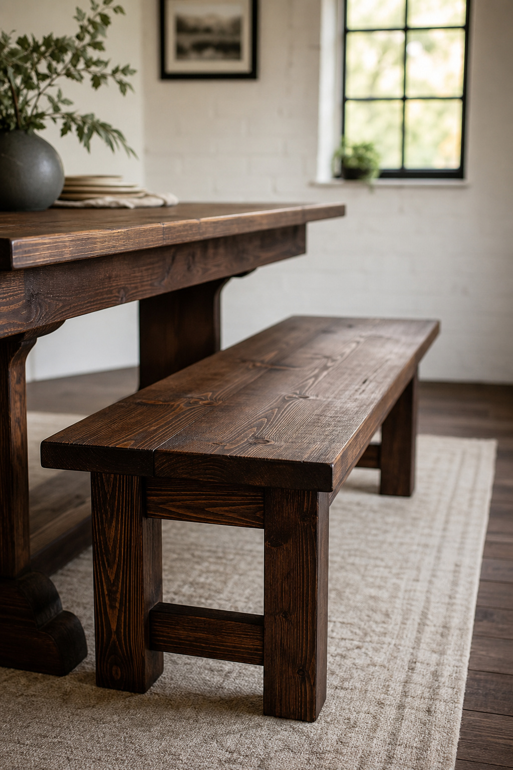 A finished pine farmhouse bench with dark stain alongside the matching dining table, photographed against a white brick wall
