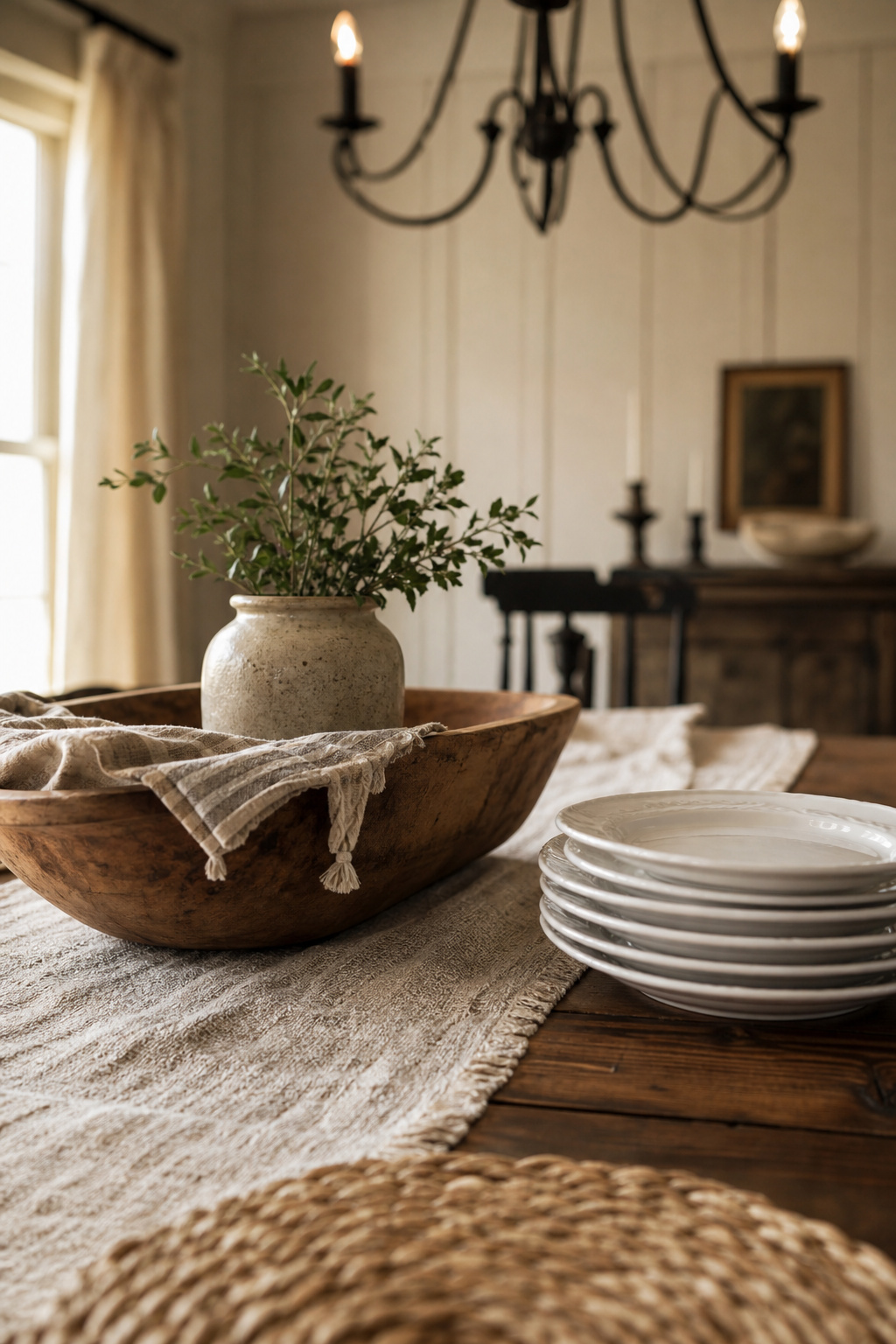 Farmhouse dining table styled with a natural linen runner, a reclaimed-wood dough bowl centrepiece, and stacked white ironstone plates on a jute placemat, with a cream board-and-batten wall behind