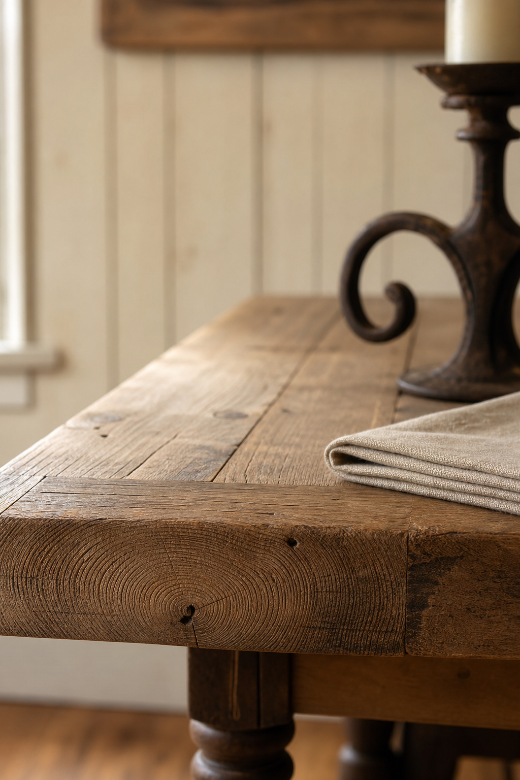 Close-up of a reclaimed pine farmhouse dining table edge showing wire-brushed grain and natural knots, with a folded linen napkin and wrought-iron candle holder in the background