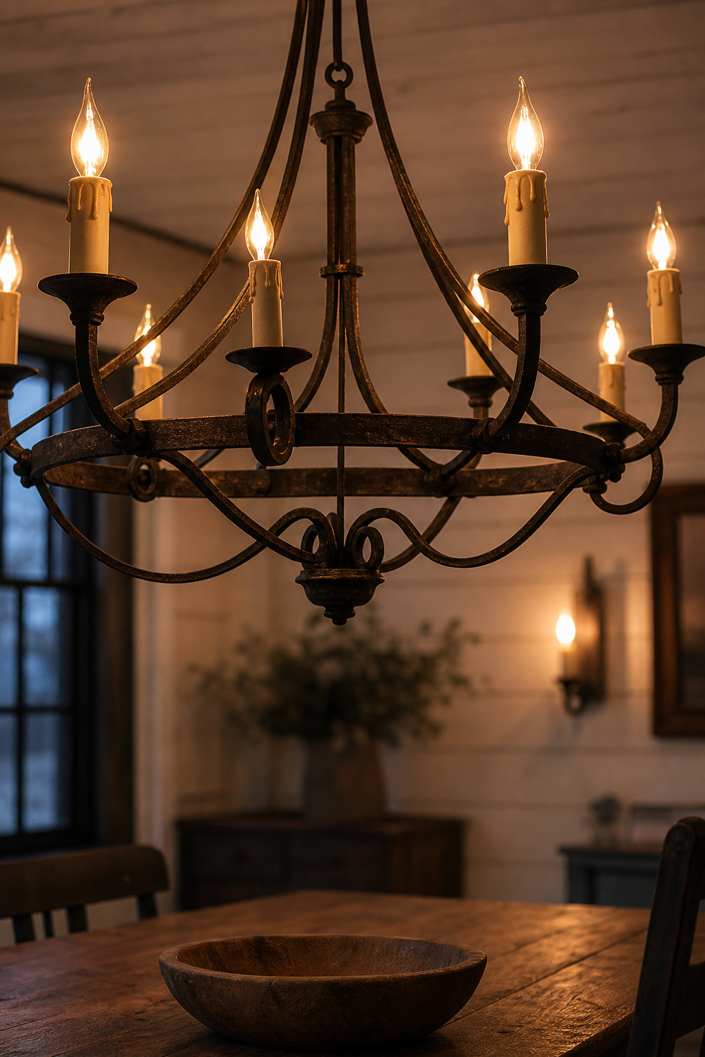 Wrought-iron candle-arm chandelier with warm glowing flame-tip bulbs hanging above a farmhouse dining table, with a softly lit shiplap wall and wall sconce in the background