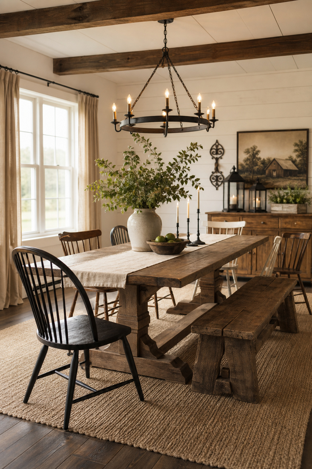 Complete farmhouse dining room with a reclaimed-wood trestle table, mixed Windsor chairs and plank bench, jute rug, iron chandelier, and a white shiplap wall framing a styled sideboard with lanterns and greenery
