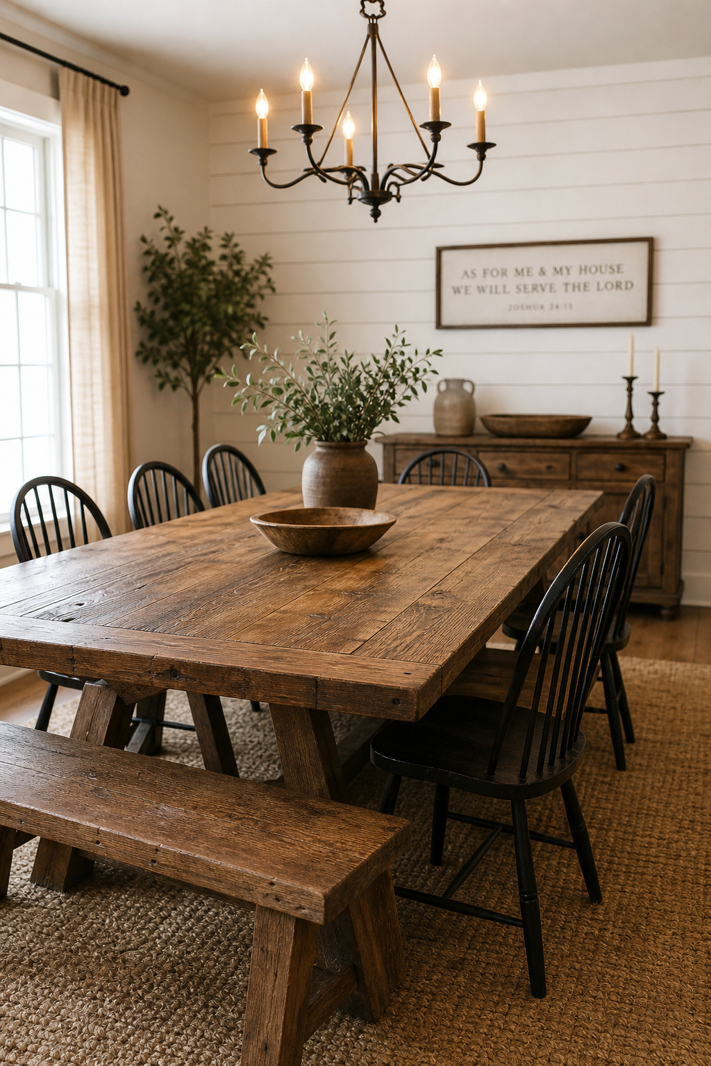 Long reclaimed-pine farmhouse dining table set with a mix of Windsor chairs and a plank bench, beneath a wrought-iron candle chandelier, in a room with white shiplap walls and a jute rug
