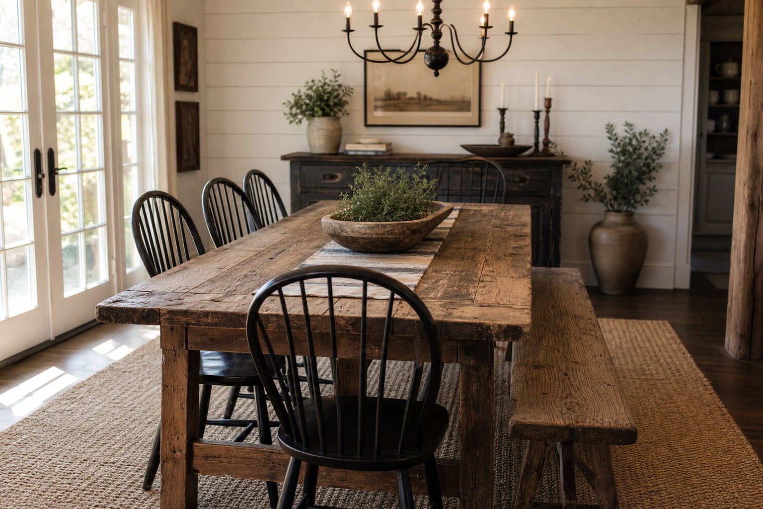 Long reclaimed-pine farmhouse dining table set with a mix of Windsor chairs and a plank bench, beneath a wrought-iron candle chandelier, in a room with white shiplap walls and a jute rug