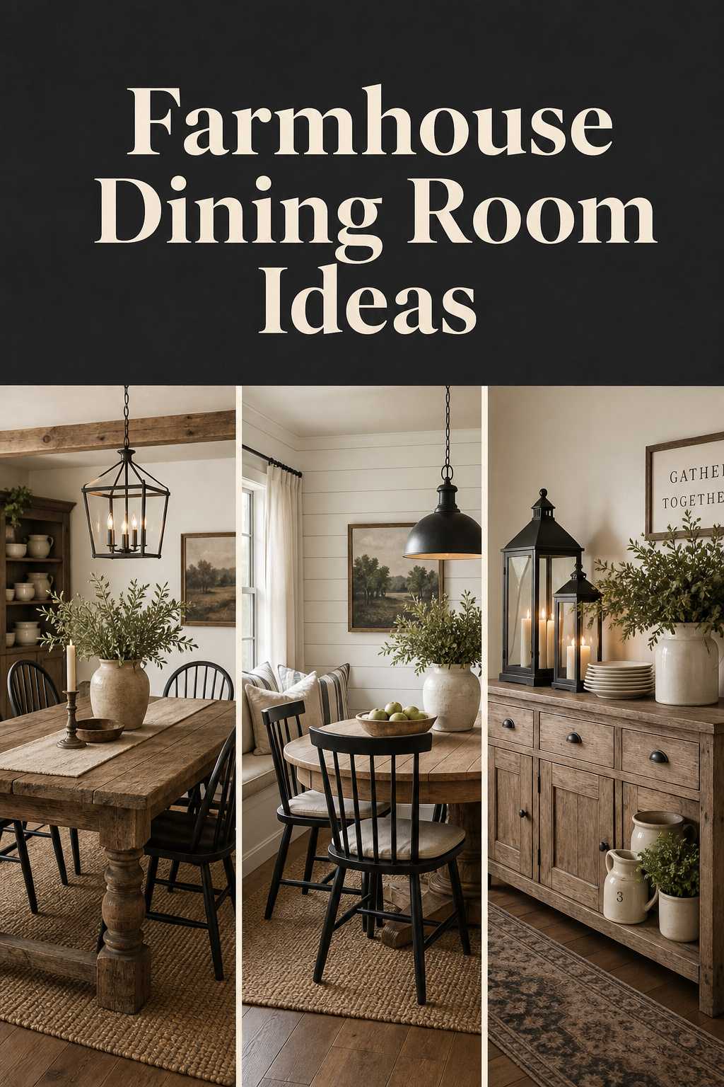 Three-panel Pinterest collage showing a rustic farmhouse dining table, a modern farmhouse dining nook with shiplap, and a styled farmhouse sideboard with lanterns and greenery