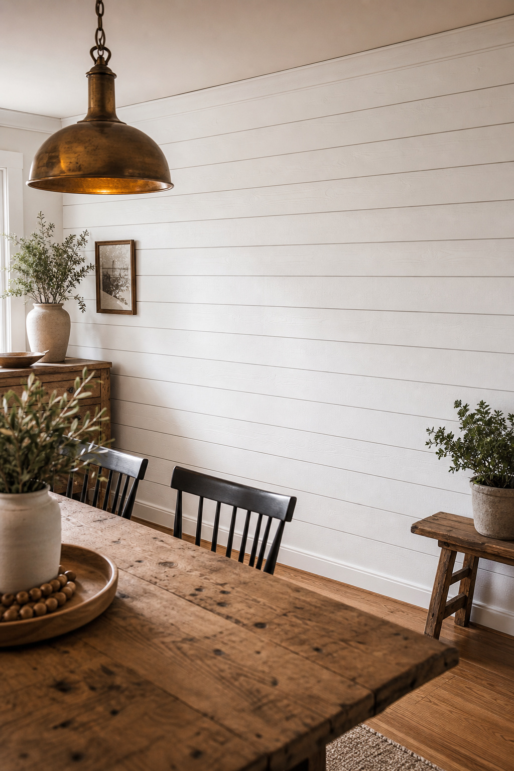White horizontal shiplap accent wall in a farmhouse dining room behind a reclaimed pine table with brass pendant above