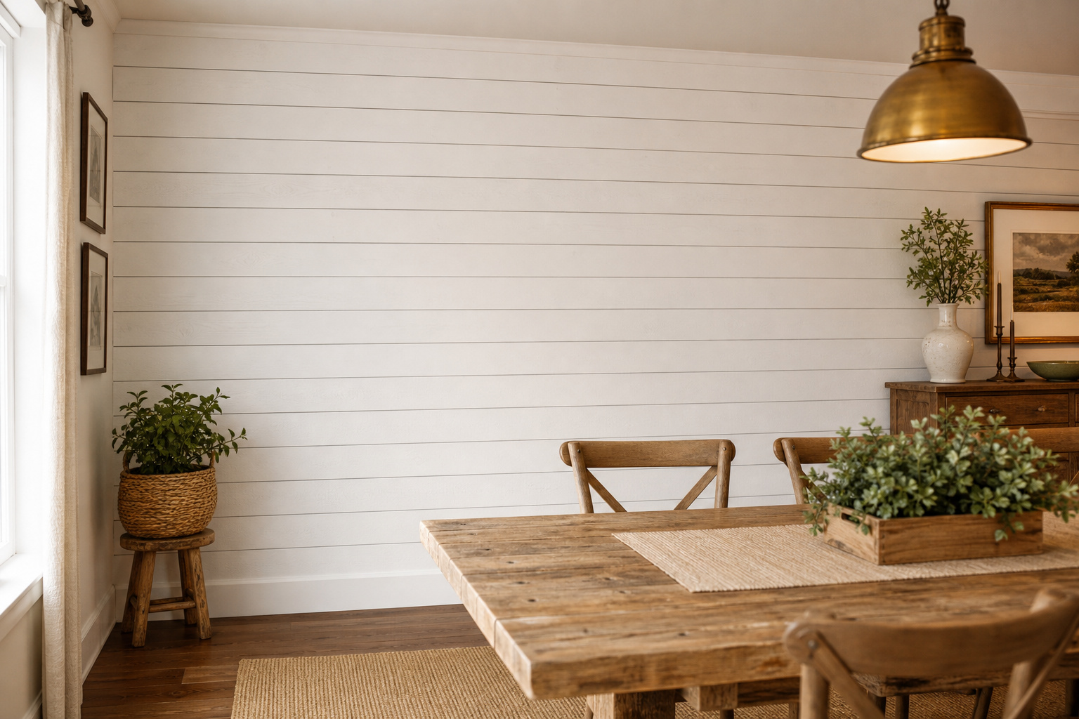 White horizontal shiplap accent wall in a farmhouse dining room behind a reclaimed pine table with brass pendant above