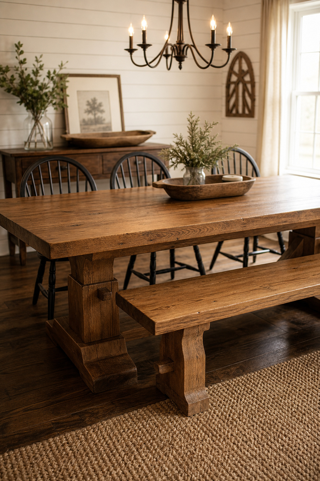 Solid-oak trestle farmhouse dining table with a plank bench on one side and Windsor spindle-back chairs on the other, set on a jute rug in front of cream shiplap walls