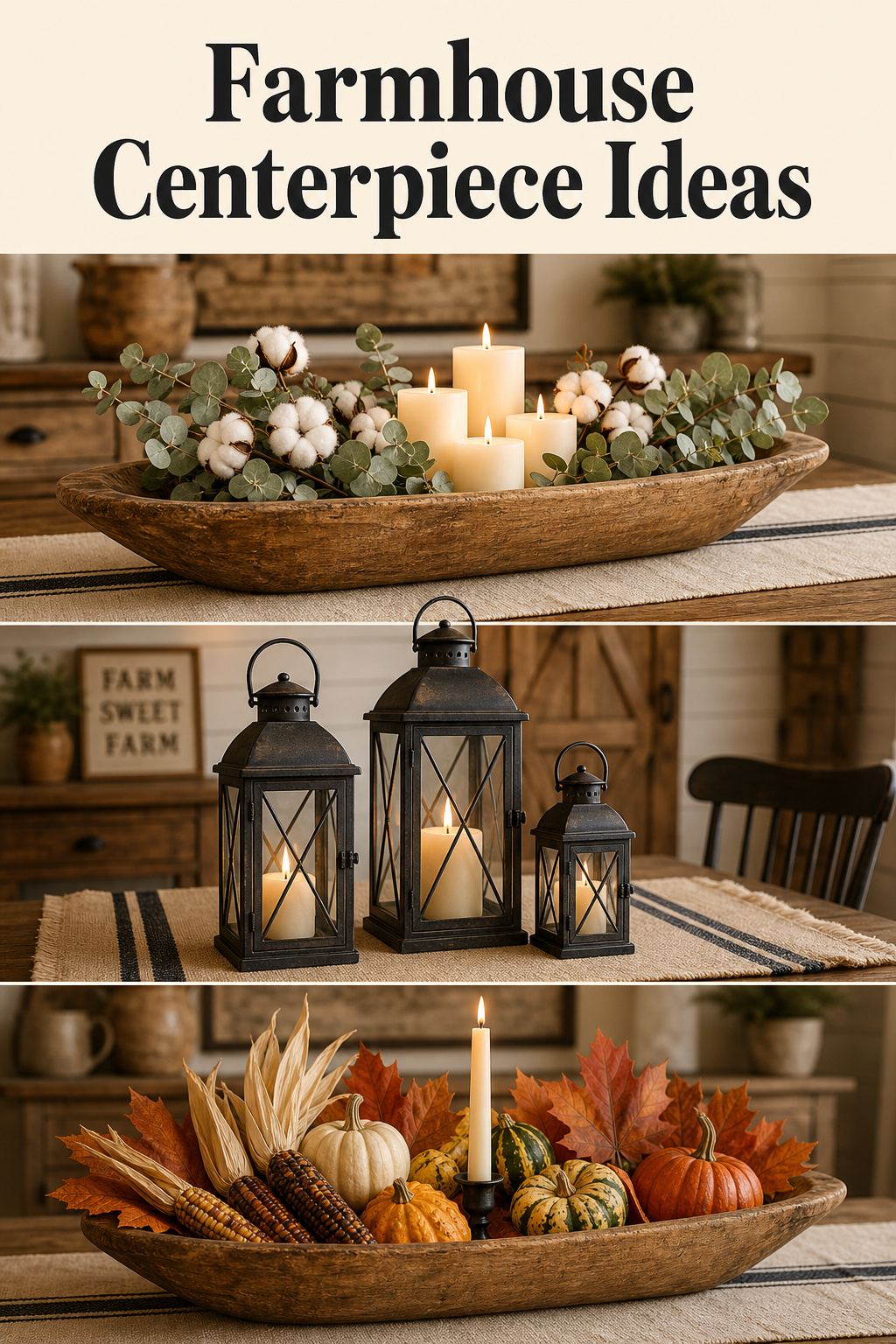 Three-panel Pinterest collage showing farmhouse dining table centerpiece ideas: a dough bowl with dried botanicals, grouped iron lanterns, and an autumn seasonal swap