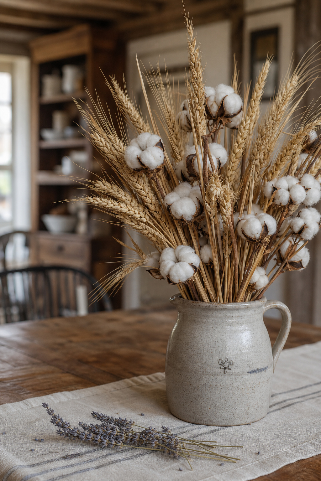 Loose arrangement of golden dried wheat stalks and white cotton stems in a stoneware jug on a natural linen runner on a farmhouse dining table