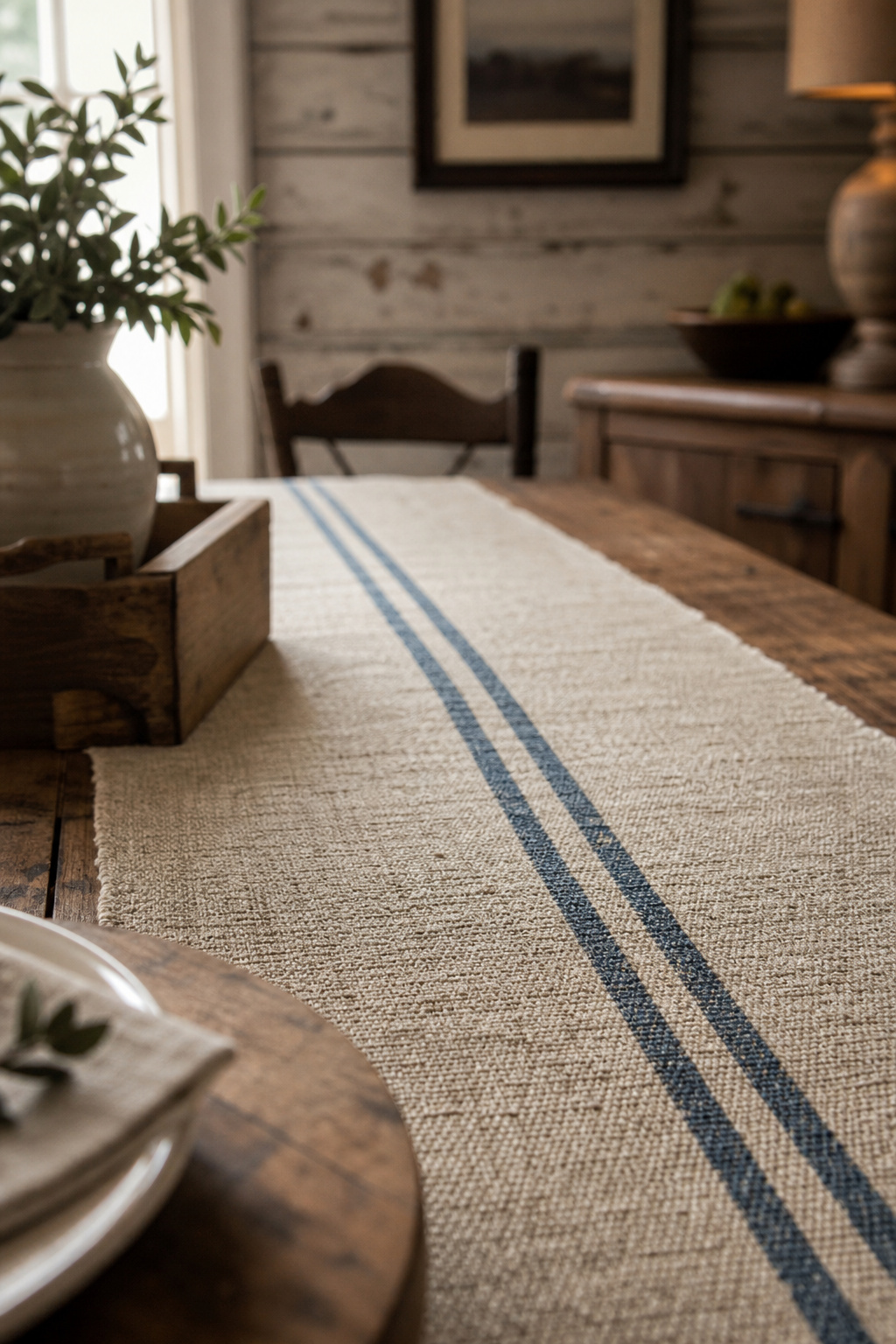 Antique blue-stripe grain-sack table runner on a reclaimed-pine farmhouse dining table, showing hand-woven textile texture and natural linen colour